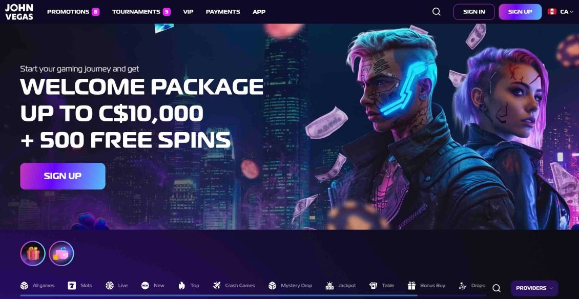 Image of main page of JohnVegas Casino