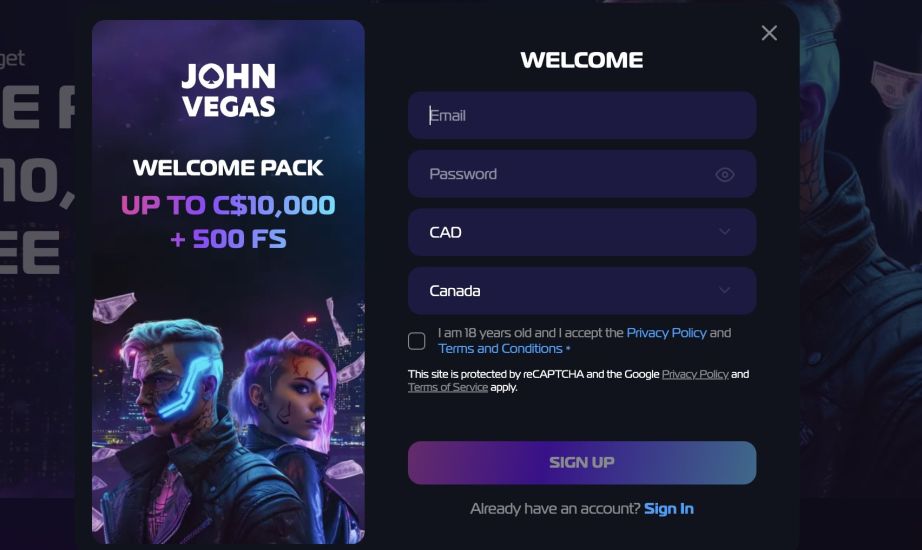 Screenshot of JohnVegas Casino registration process - step 2