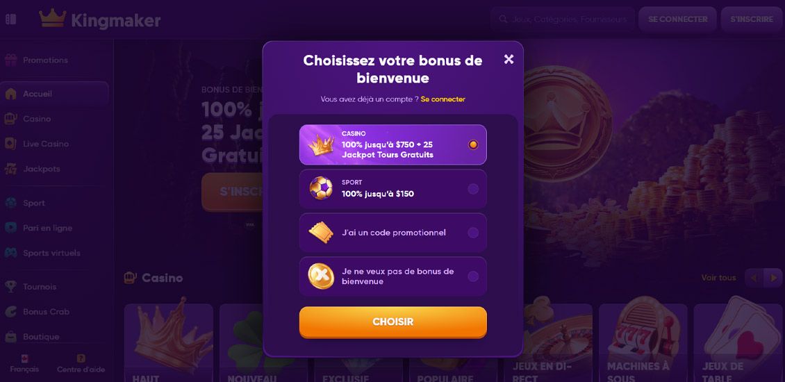 Procédure d'inscription au Kingmaker Casino, étape 2