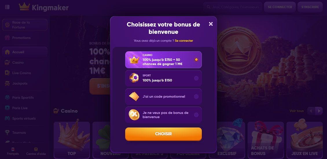 Procédure d'inscription au Kingmaker Casino, étape 2