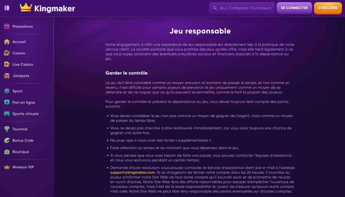 Kingmaker Casino section jeu responsable