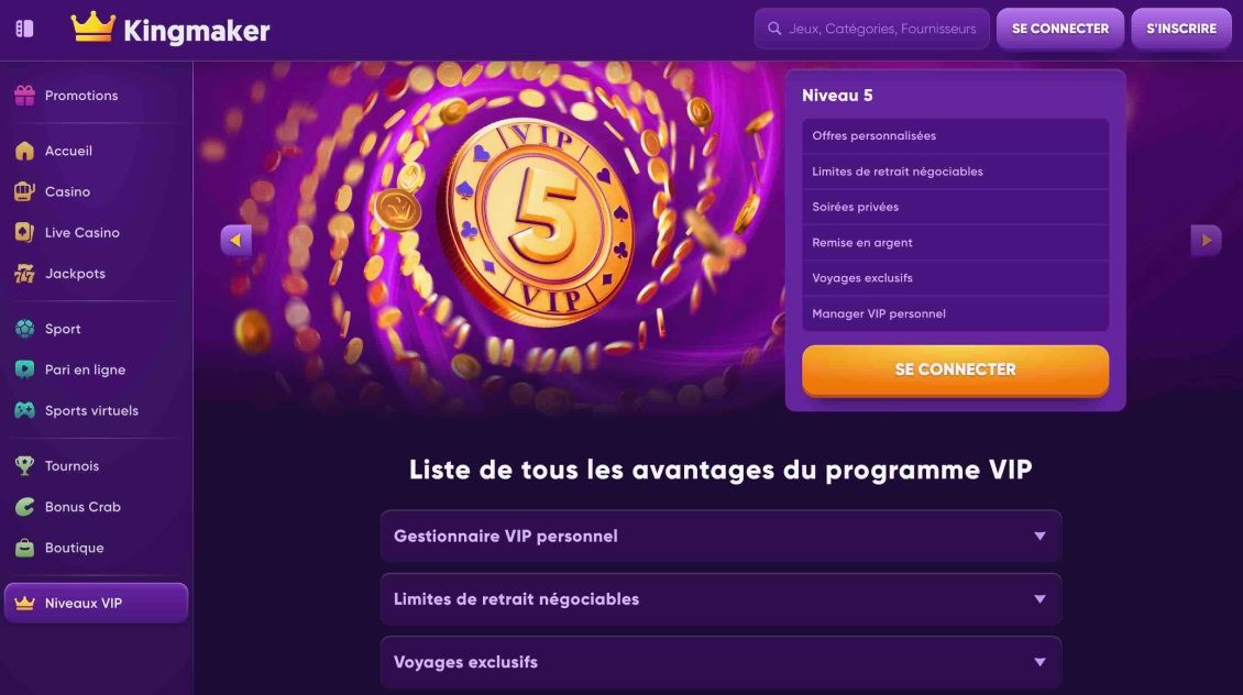 Programme VIP au Kingmaker Casino