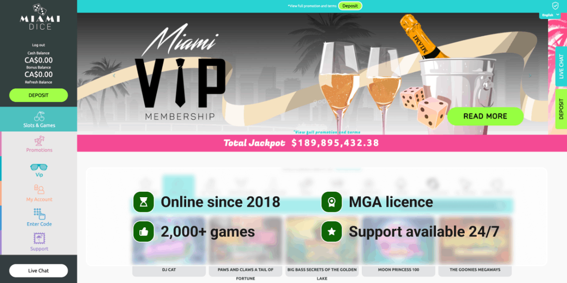 Image highlighting basic information about Miami Dice Casino