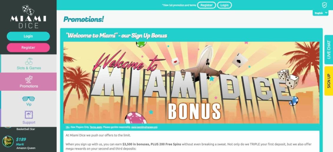 Image of promotion page of Miami Dice Casino