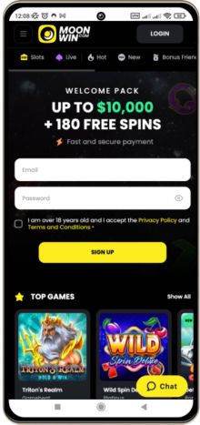 Mobile screenshot of the Moonwin Casino main page