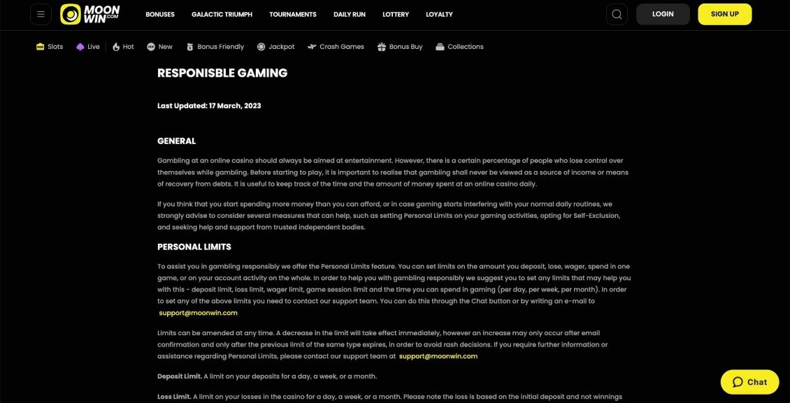 Image of Moonwin Casino page about responsible gaming