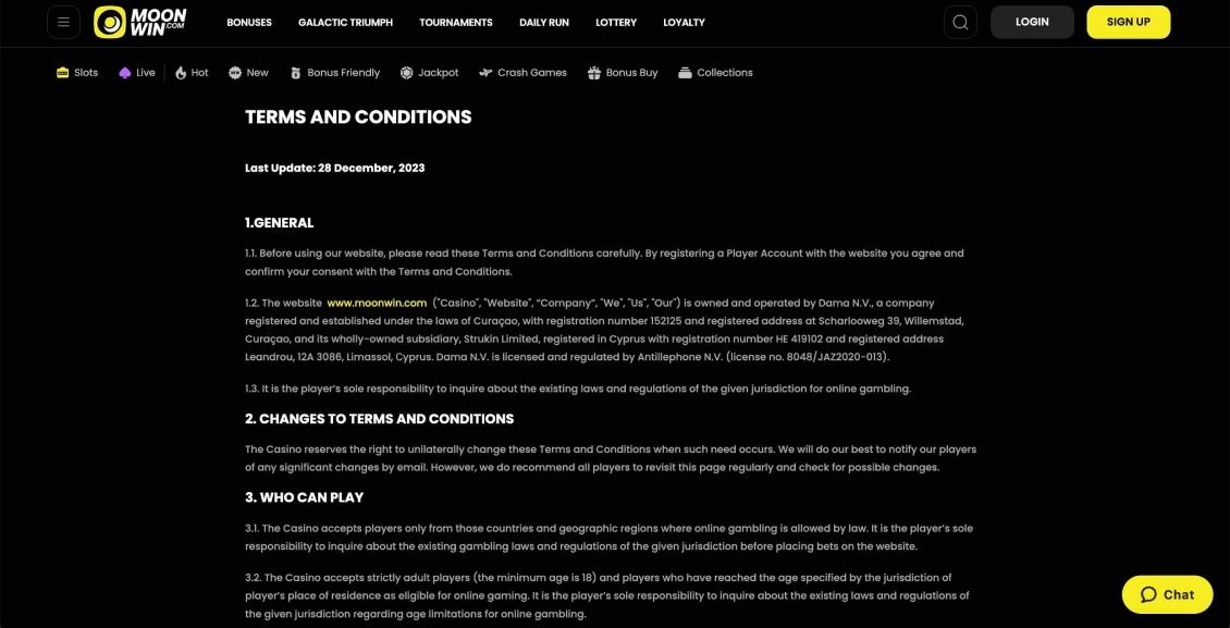 Image of Moonwin Casino Terms and Conditions page