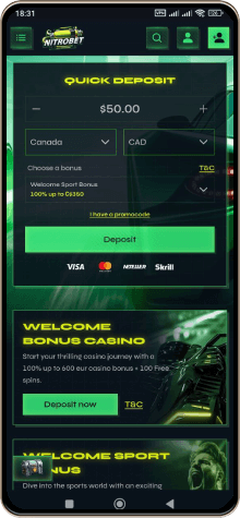 Capture d'écran de la page principale de Nitrobet Casino sur mobile