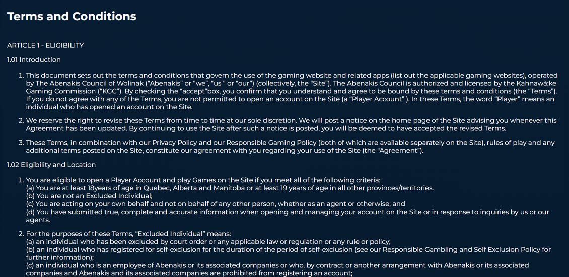 Screenshot of terms and conditions at Northstar casino