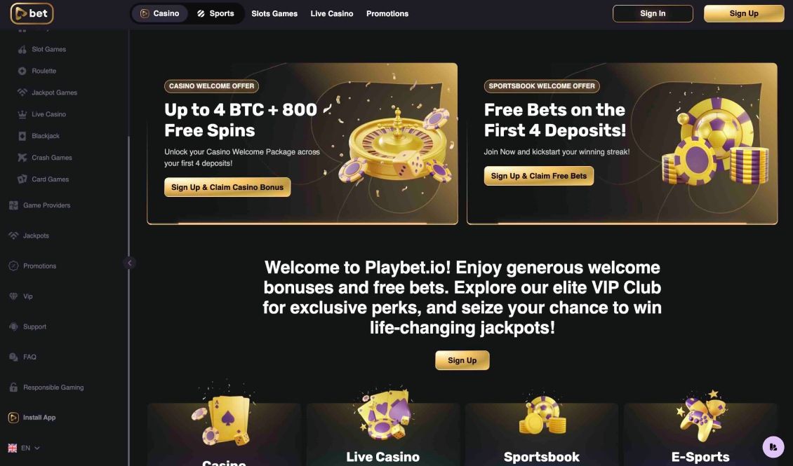 Image of main page of Playbet.io Casino