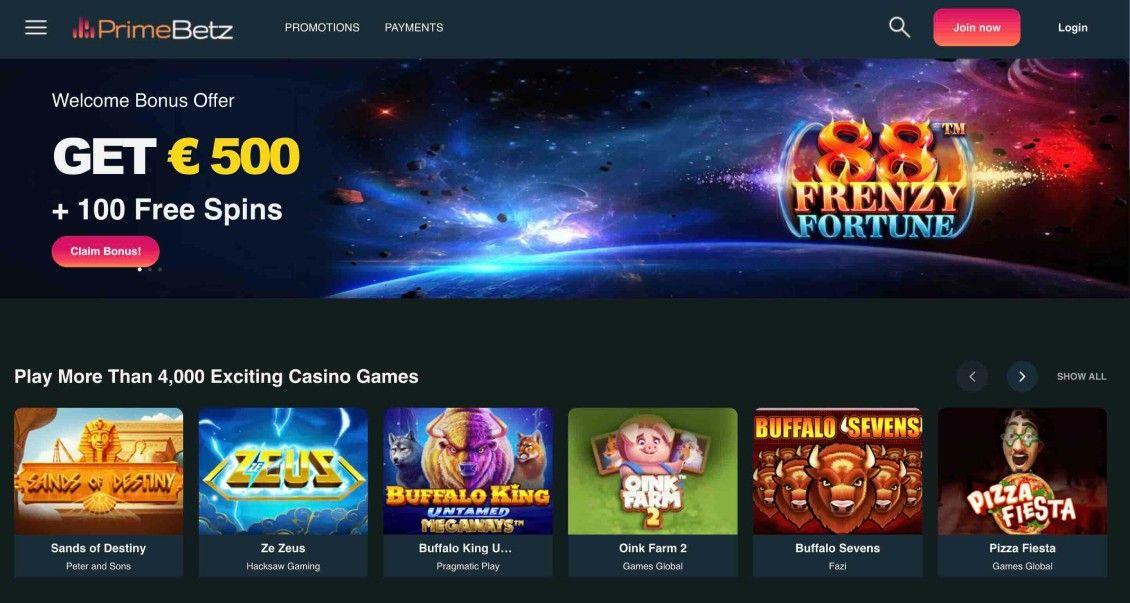 Image of main page of PrimeBetz Casino