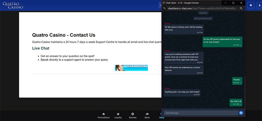 Screenshot of the live chat with Quatro Casino support.
