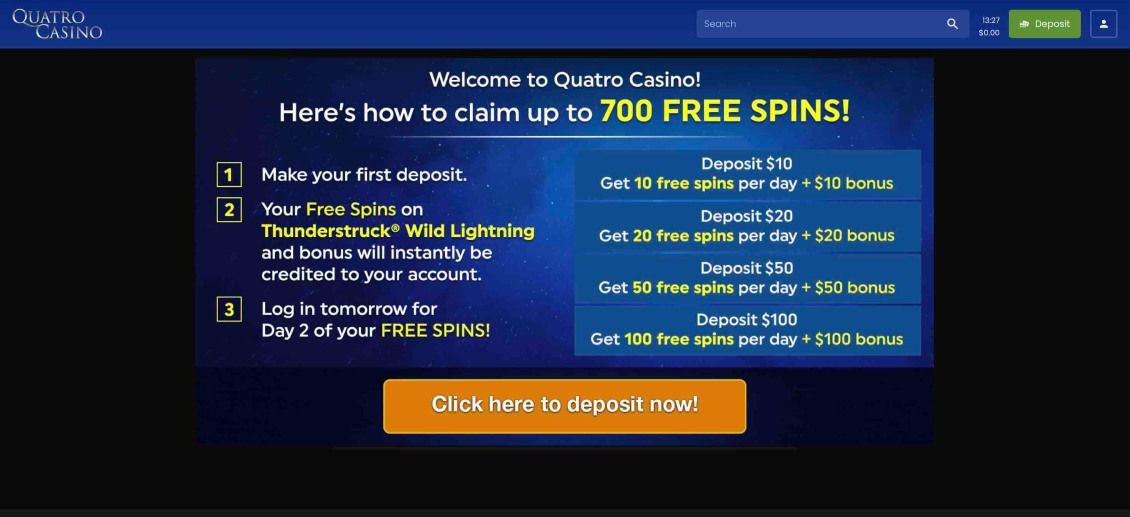 Image of the bonuses page of Quatro Casino