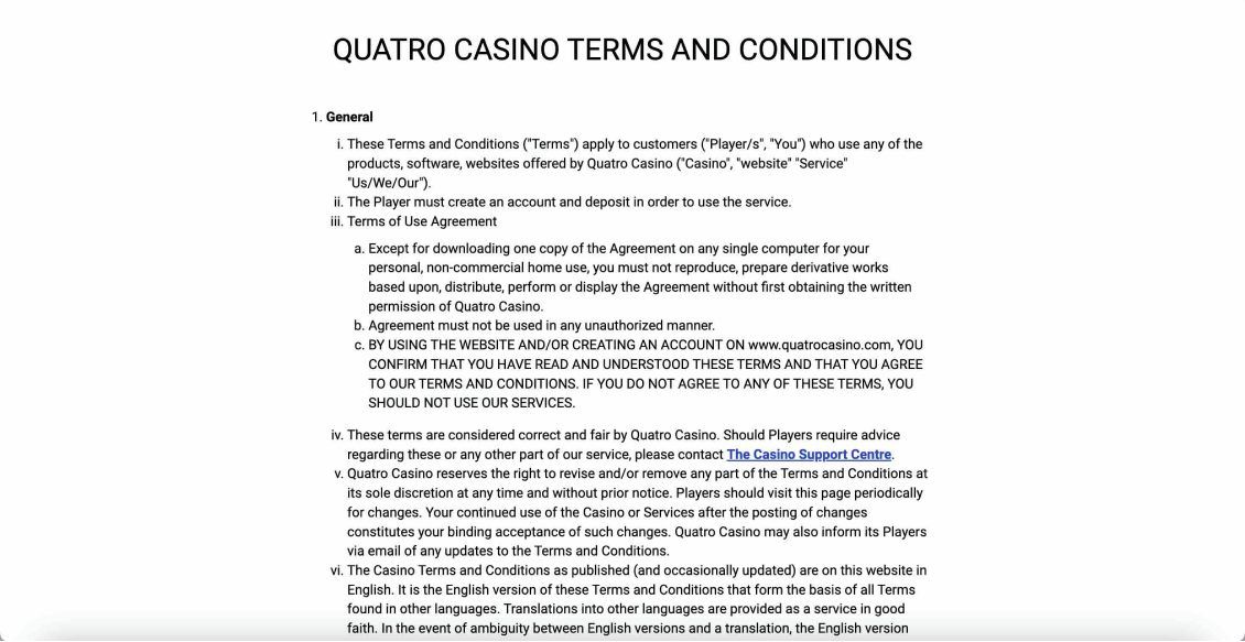 Quatro Casino terms and conditions