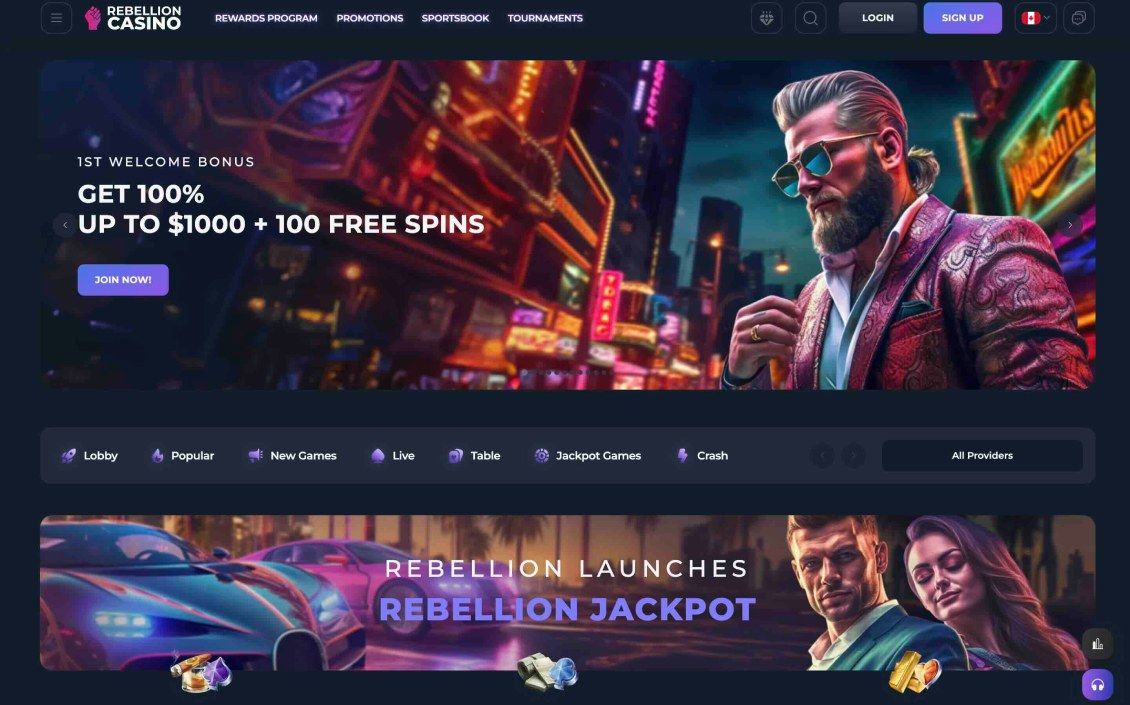 Image of main page of Rebellion Casino