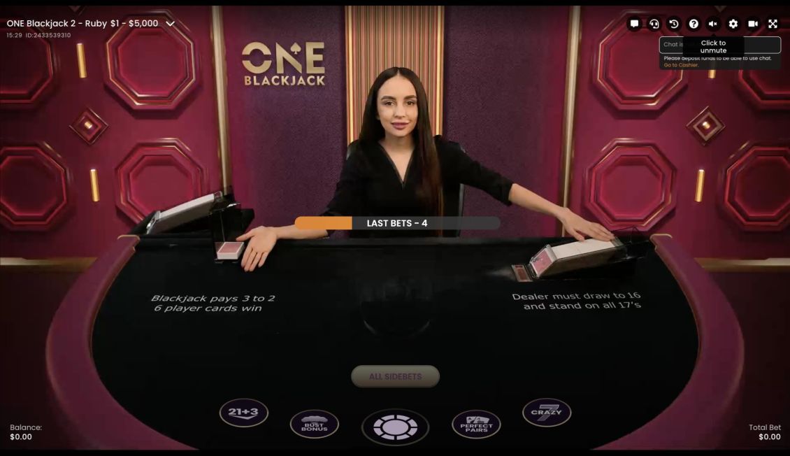 Live Blackjack game at Ruby Fortune Casino