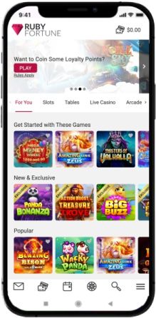 Mobile screenshot of the Ruby Fortune Casino main page