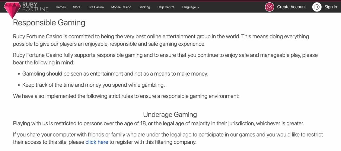 Image of Ruby Fortune  Casino page about responsible gaming