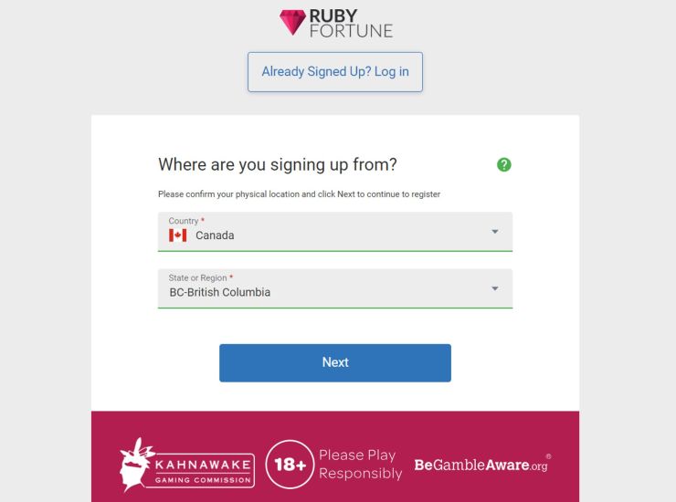 Screenshot of Ruby Fortune Casino registration process - step 2
