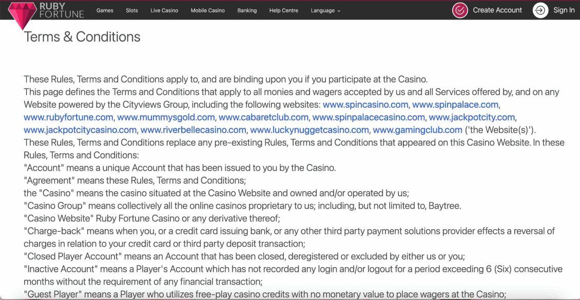 Image of Ruby Fortune Casino Terms and Conditions page