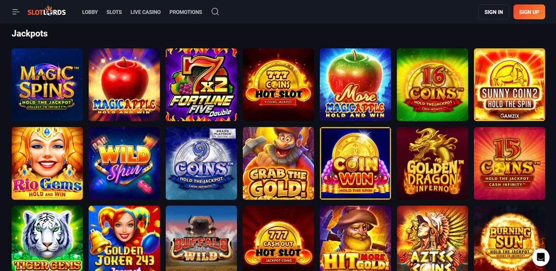 Slotlords page with jackpot games