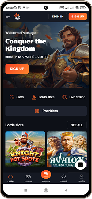 Slotlords Casino Site on the Mobile Screen