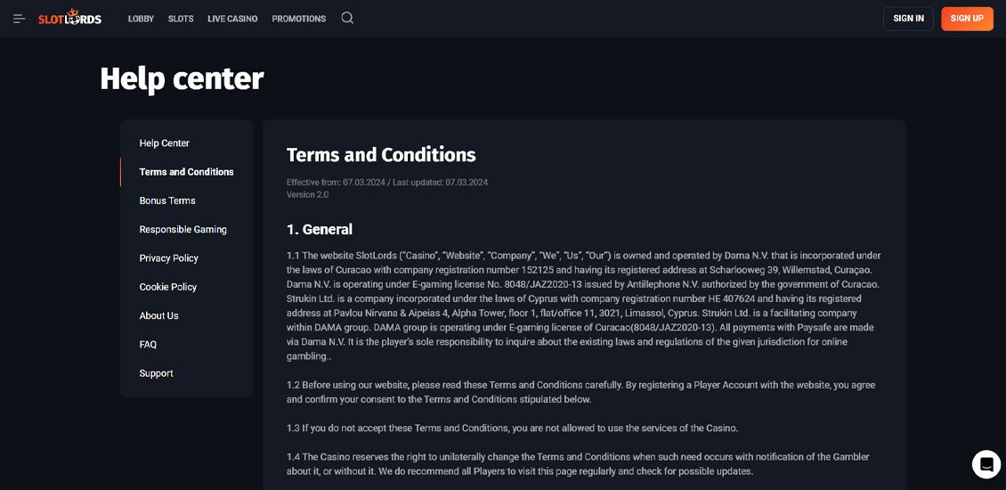 Screenshot of terms and conditions at Slotlords casino