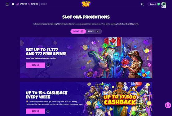 Page des promotions du casino SlotOwl
