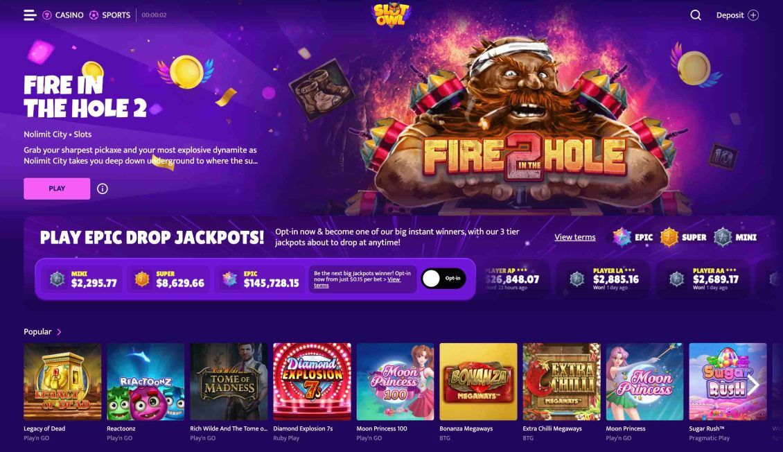 Image of main page of SlotOwl Casino