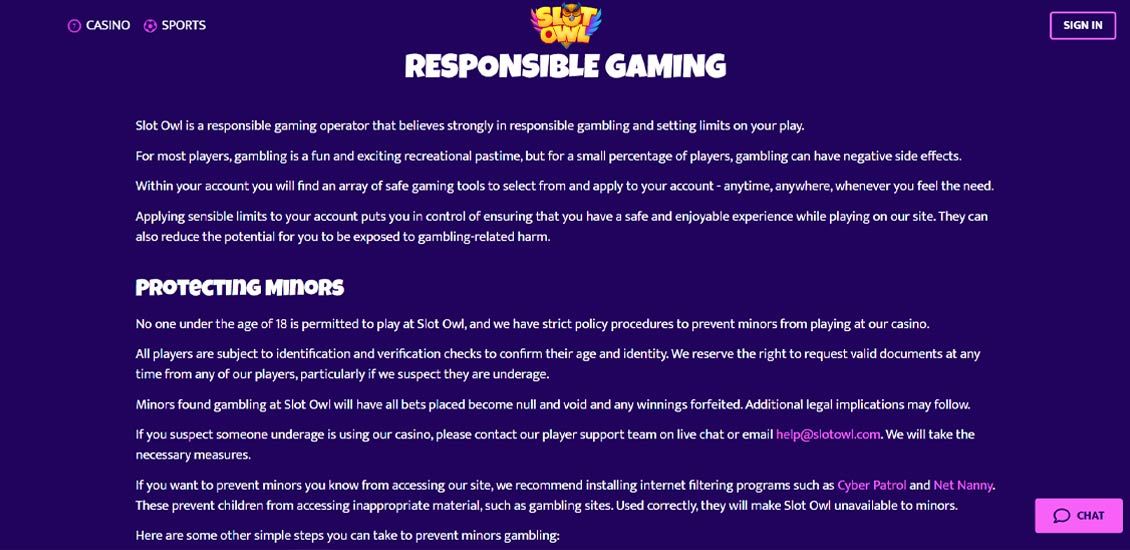 SlotOwl Casino Responsible Gamind Page