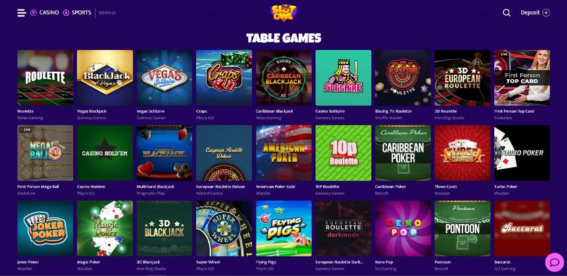 Slotowl Casino Table Games Page