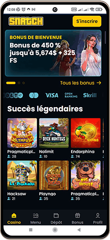 Capture d'écran de la page principale de Snatch Casino sur mobile
