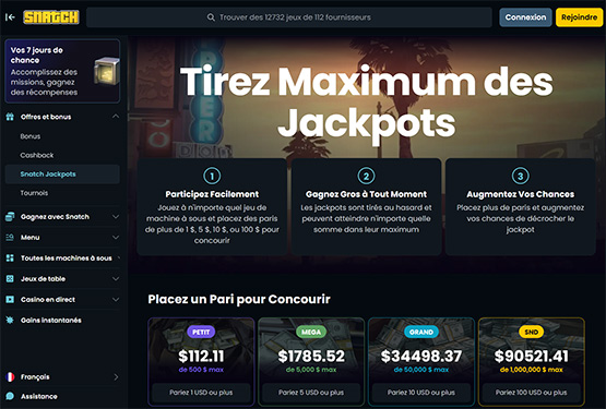 Page des jackpots du casino Snatch