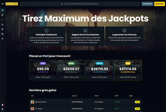 Page des jackpots du casino Snatch