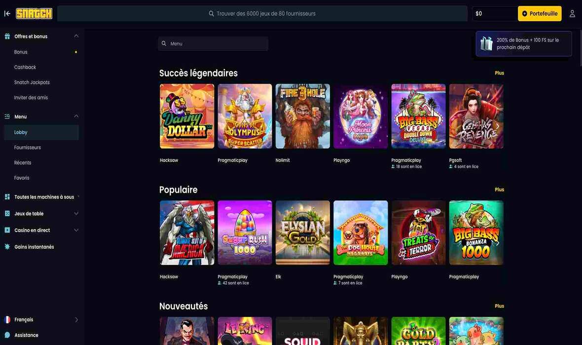 Sélection de jeux de casino Snatch