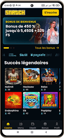 Capture d'écran de la page principale de Snatch Casino sur mobile
