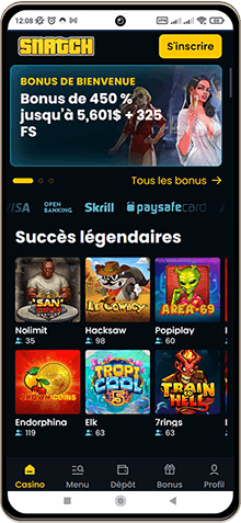 Capture d'écran de la page principale de Snatch Casino sur mobile