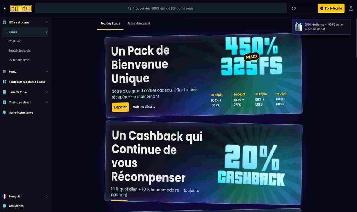Page des promotions du casino Snatch
