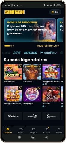 Capture d'écran de la page principale de Snatch Casino sur mobile