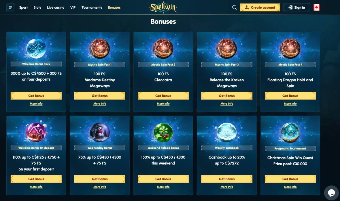 SpellWin Casino bonus page