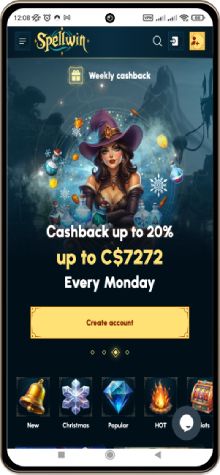 Mobile screenshot of the SpellWin Casino main page