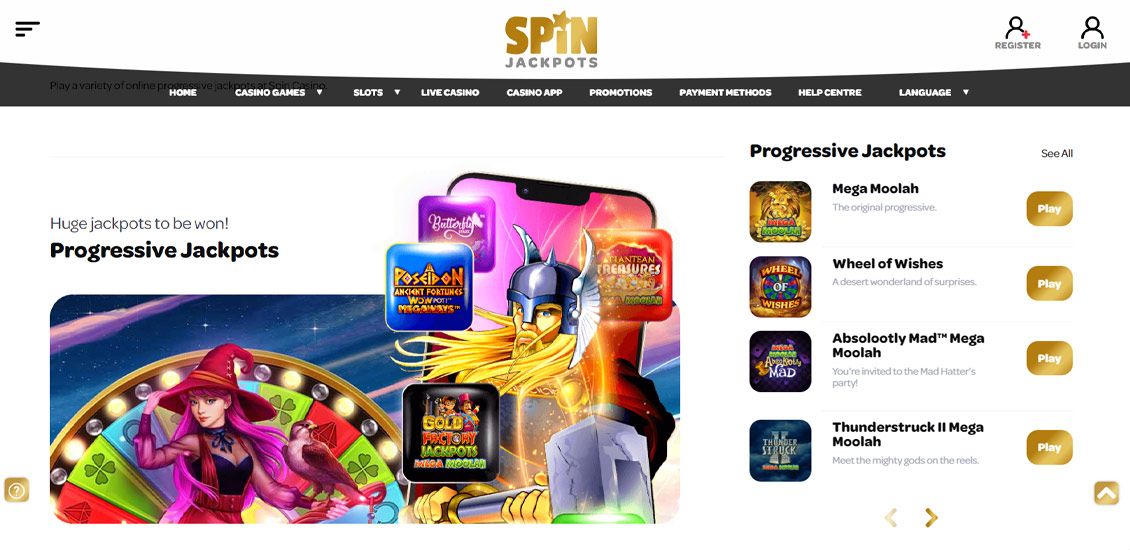 Spin Casino main page with jackpot