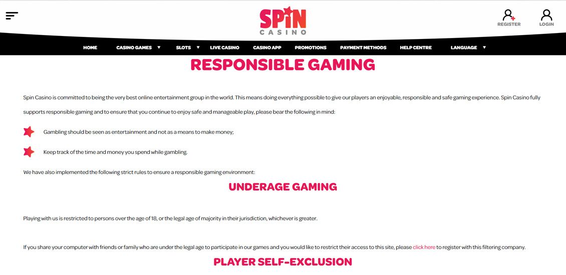 Spin Casino page about responsible game