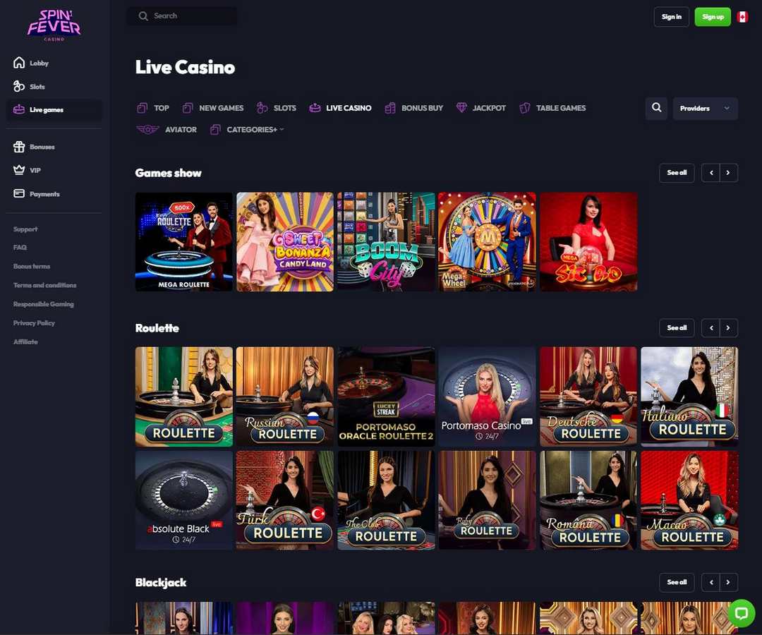 SpinFever - live games