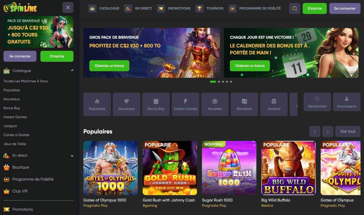 Page principale du casino Spinline