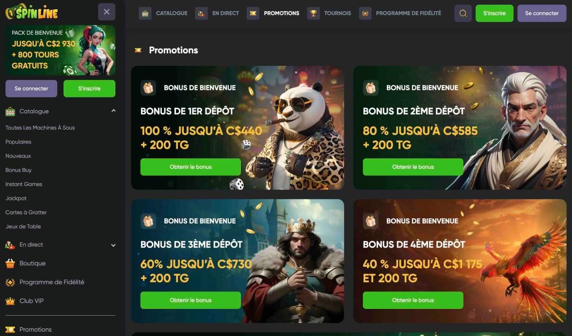 Page des promotions du casino Spinline