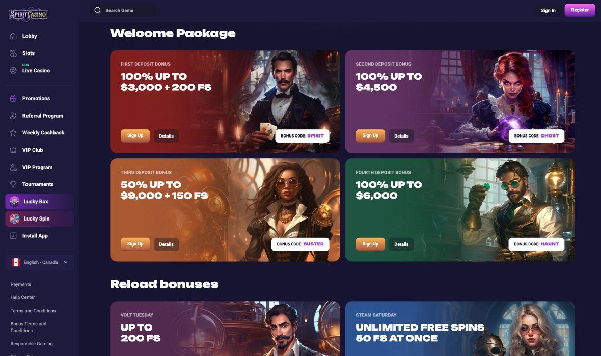 Spirit casino promotions page