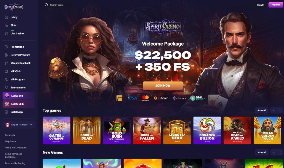 Spirit casino main page