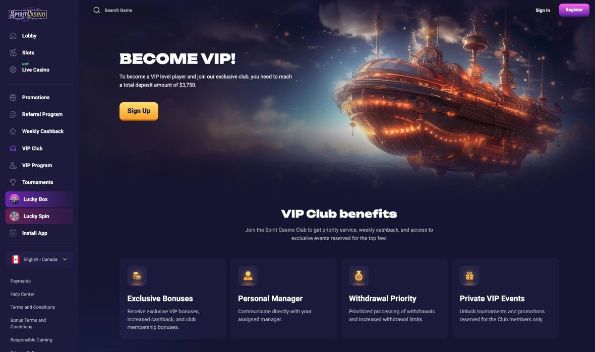 Spirit casino vip programm page