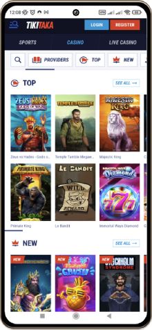 Mobile screenshot of the TikiTaka Casino main page